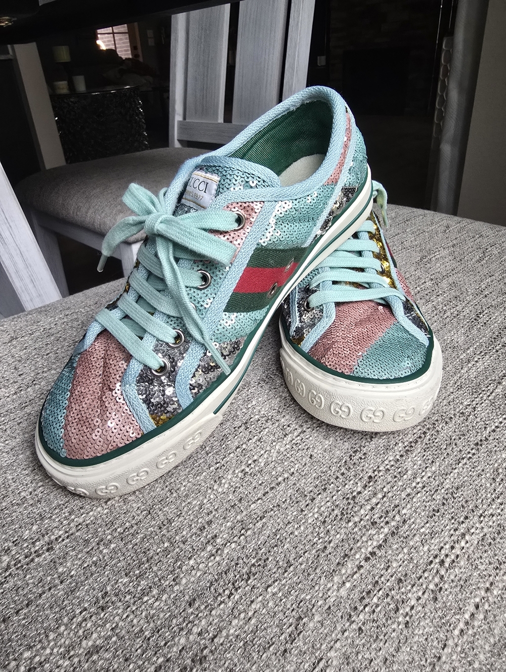 Authentic Gucci Multicolor Sequin Low-Top Sneakers in Aqua, Pink & Green